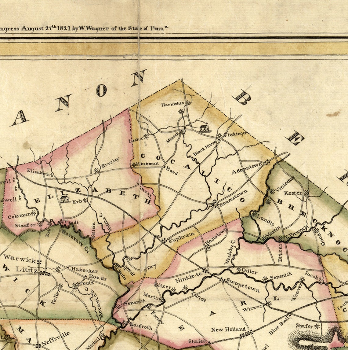 Map of Lancaster County Pennsylvania PA 1821. Restoration Etsy