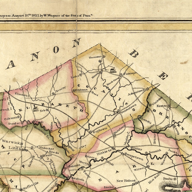 Map of Lancaster County Pennsylvania PA 1821. Restoration Etsy