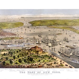 Porto di Manhattan, New York: vista aerea dal Battery Park Place guardando verso sud 1878. NY0040 Poster d'epoca Stampa Mappa