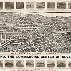 Map of Reno, the commercial center of Nevada, 1907. Restoration Hardware Home Deco Style Old Wall Vintage Reprint.