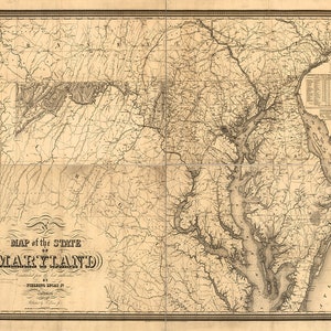 Map of Maryland, MD., 1841.   Vintage home Deco Style old wall reproduction map print.