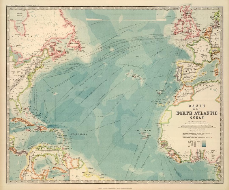 North Atlantic Ocean, 1912 Map. Vintage Home Deco Style Old Wall Map ...