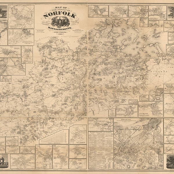 Map of Norfolk County, Massachusetts, MA. 1853. Vintage restoration hardware home Deco Style old wall reproduction map print.