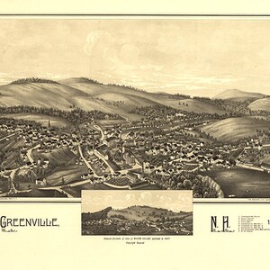 Mappa di Greenville, contea di Hillsborough, New Hampshire NH 1886. Riproduzione giclée di vecchie pareti di Restoration Hardware Home Deco con vista a volo d'uccello.