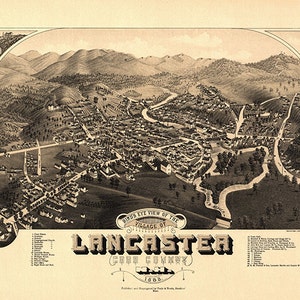 Karte von Lancaster, Coos County, New Hampshire NH 1883. Vogelansicht.  Restauration Hardware Home Deco Stil Alte Mauer Giclée Reproduktion.