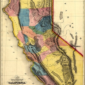 Landkarte von Kalifornien, der Goldregion, 1851.  Goldminen und Bergbau.   Vintage topographische Reproduktionskarte