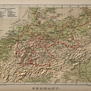 Map of Germany, 1880.  Vintage home Deco Style old wall reproduction map print.