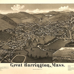 Mapa de Great Barrington, Berkshire Co., Massachusetts, MA, 1884.  Restauración de hardware Home Deco Style Old Wall Vintage Reprint.