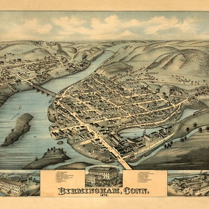Birmingham, condado de New Haven (Derby), Connecticut CT 1875 Impresión de reproducción de mapa de pared antiguo estilo Deco de casa de hardware de restauración vintage.