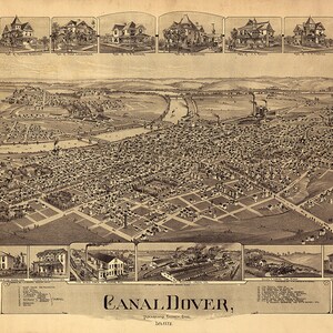 Karte von Kanal Dover, Tuscarawas Co, Ohio 1899.Fowler.  Vintage-Restaurierung Hardware-home Deco-Stil alte Wand Reproduktion Karte Drucken.