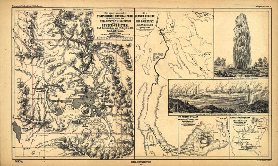 Maps of Yellowstone National Park and Engraved Views of the Geysers ...