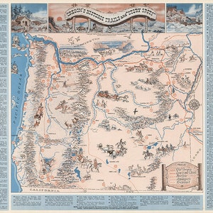 Map of Oregon Trails and story spots.  Vintage restoration hardware home Deco Style old wall reproduction map print.