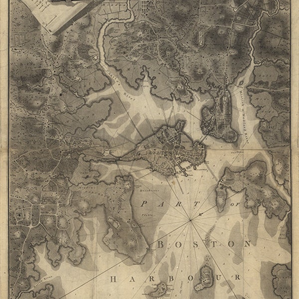 Boston, Massachusetts (MA.), 1777.   Restoration Hardware Home Deco Style Old Wall Map. Vintage Reproduction.