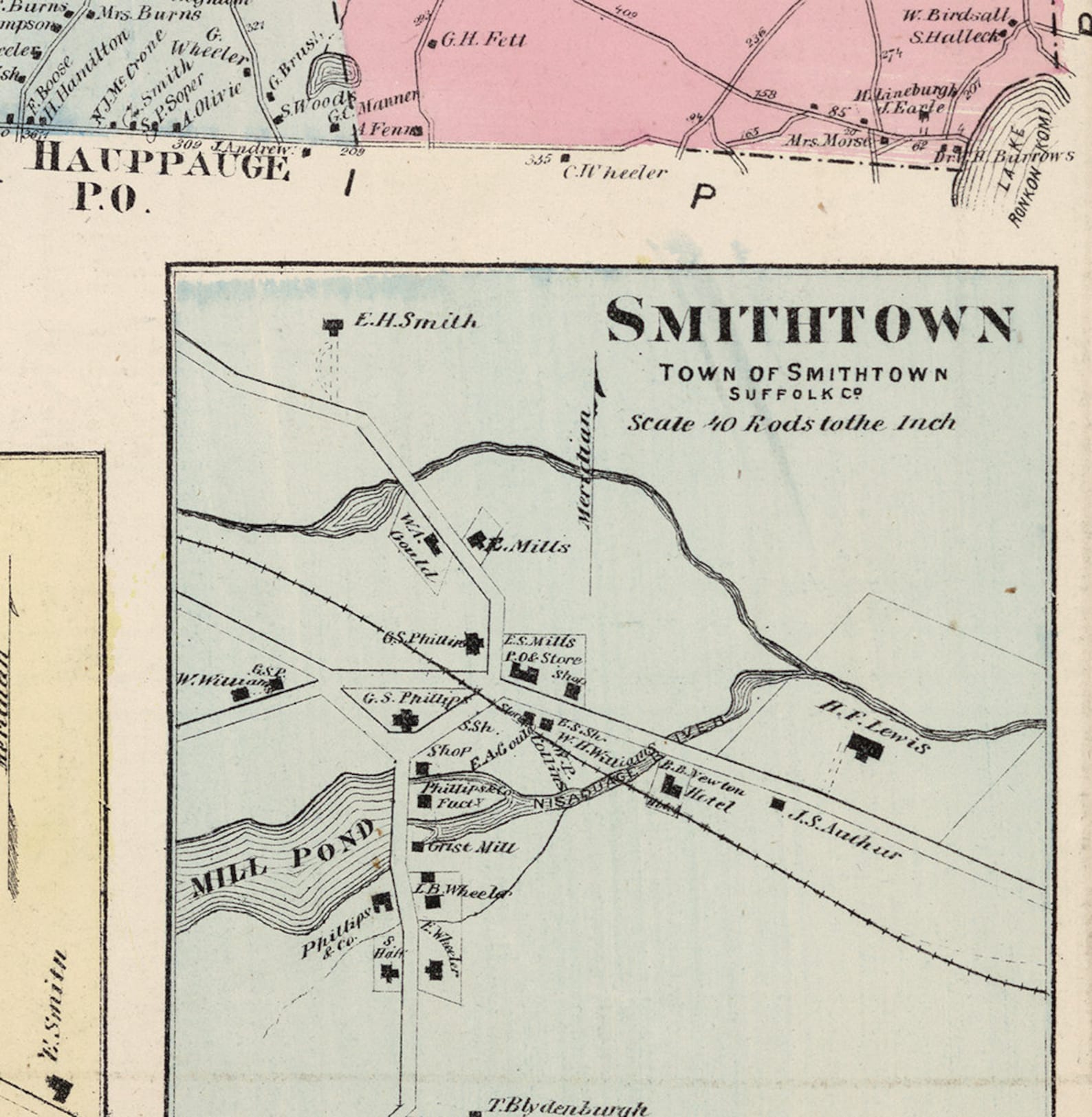 Map of Smithtown, Suffolk County, Long Island, New York NY 1873