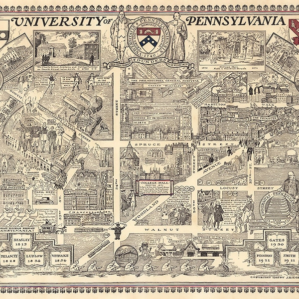 Map of University of Pennsylvania UPenn. Home Deco Style Old Reproduction.