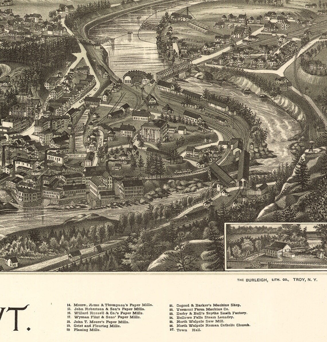 Map of Bellows Falls Town of Rockingham Windham Co. Vermont Etsy