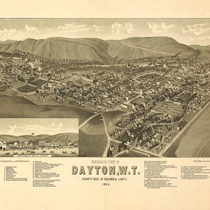 Dayton, Washington (W.A), Kreisstadt von Columbia County 1884. WT0001 Panorama Ansichtskarte Vintage Poster Print Stadtplan