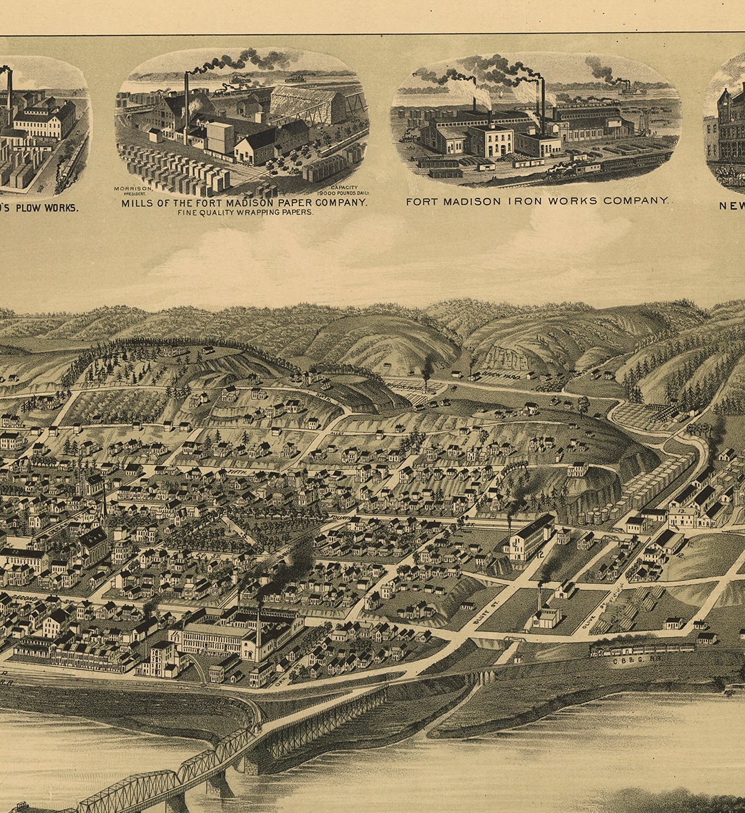Map of Fort Madision Lee County Iowa IA 1889. Vintage Etsy