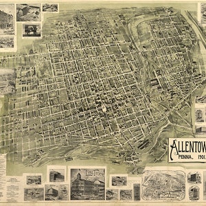 Carte d’Allentown, Comté de Lehigh, Pennsylvanie, PA 1901. vintage Home Deco Style Old Wall Giclee Reproduction.