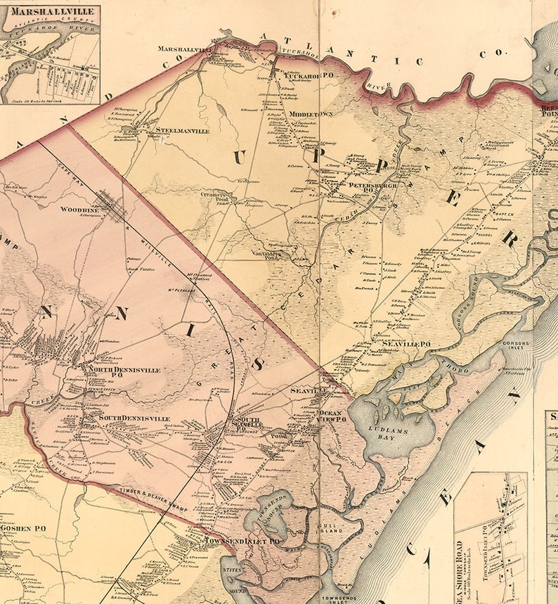Map of Cape May County New Jersey 1872. Vintage restoration Etsy