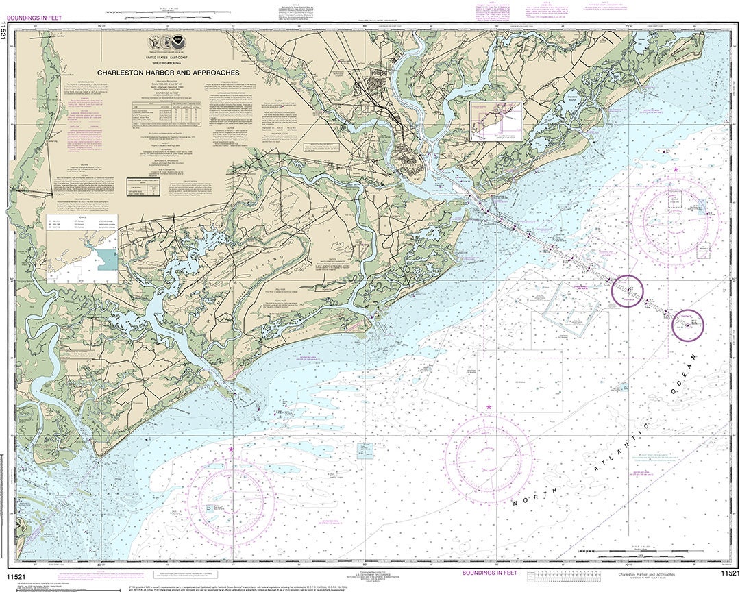 Nautical charts of Charleston Harbor and Approaches, Wadmalaw Island, South Ediston River 11521 South Carolina.  Reproduction Map