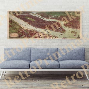 May include: An antique-style map of New York City, showing the city's layout and waterways. The map is printed on paper and has a vintage aesthetic.