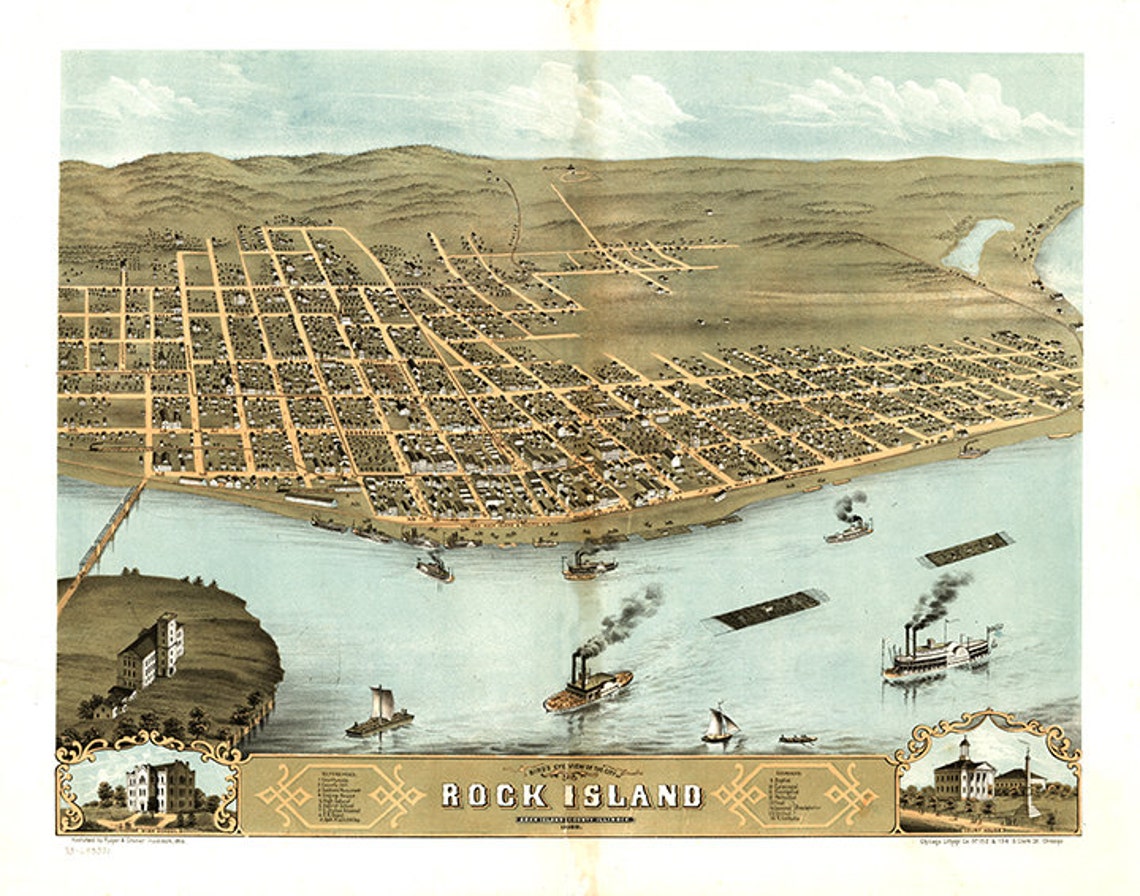 Map of Rock Island Illinois IL 1869. Vintage restoration | Etsy
