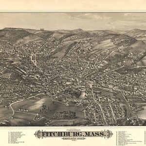 Fitchburg, condado de Worcester, Massachusetts, MA, 1882. Reimpresión vintage de pared antigua de estilo decorativo para el hogar de Restoration Hardware.