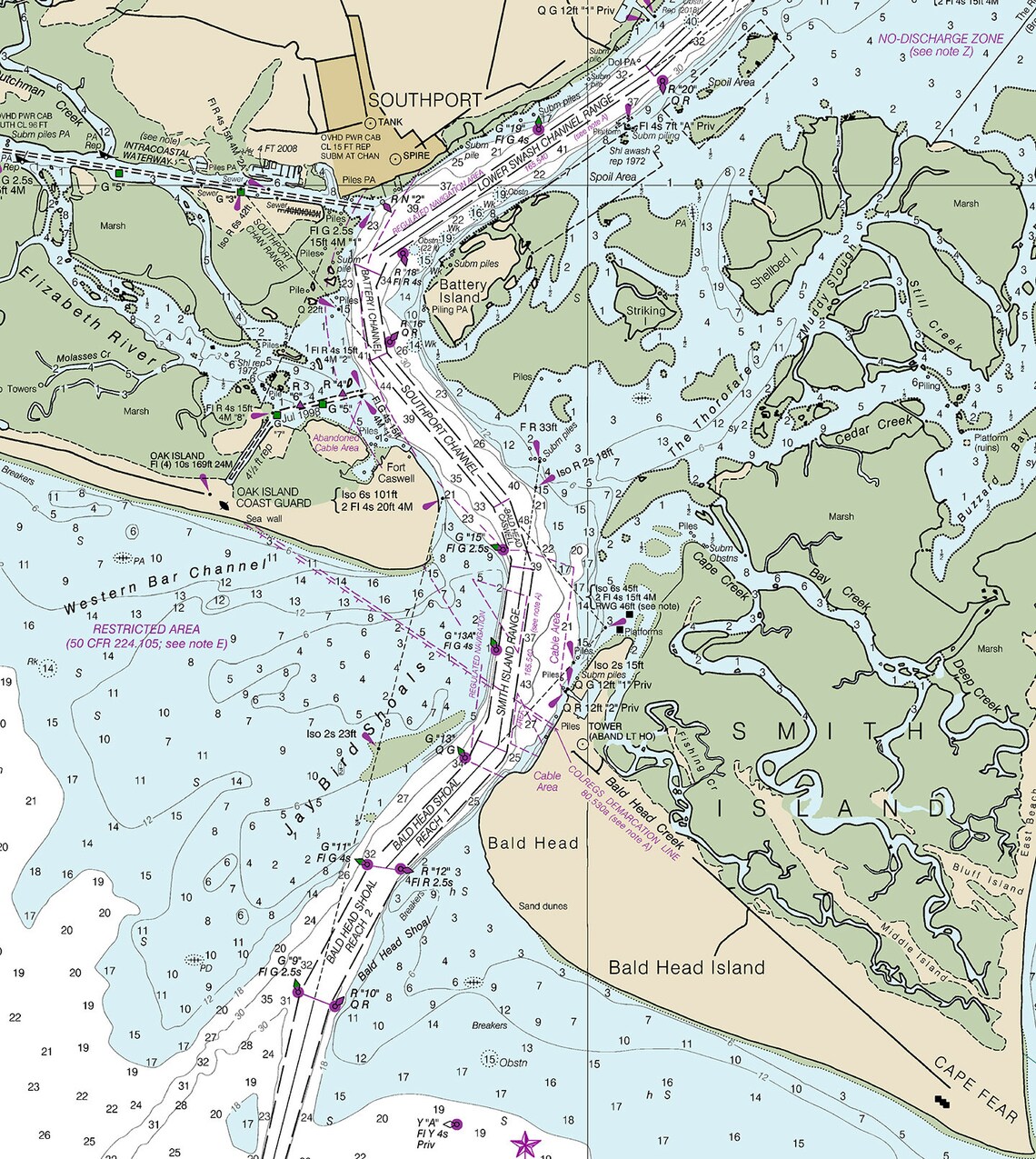 Cape Fear River to Wilmington Map – North Carolina Nautical Chart NOAA ...