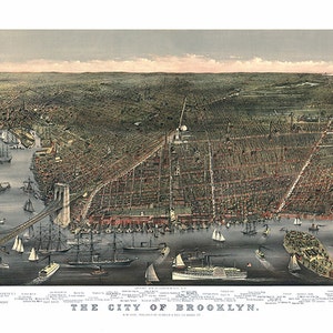 La città di Brooklyn, New York. Currier & Ives. Riproduzione di mappa da parete in stile Deco, ferramenta di restauro vintage del 1879.