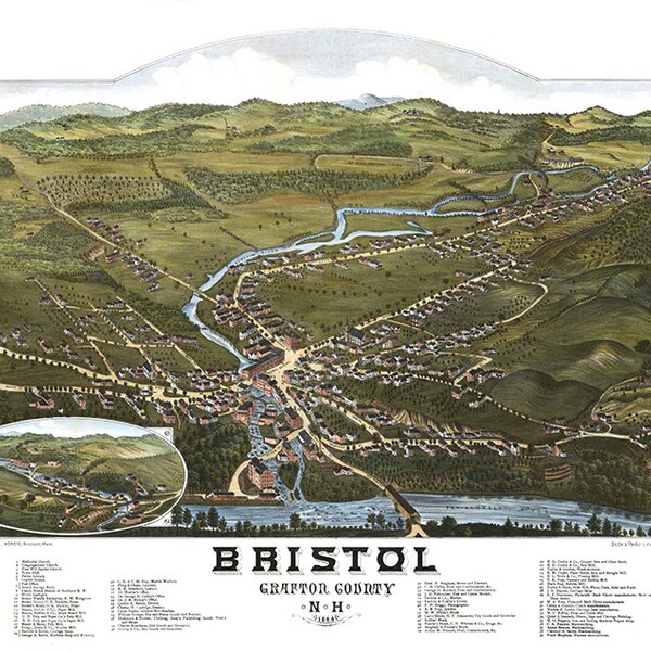 Bristol, Grafton County, New Hampshire NH, 1844.  With Extension of Lake St. Home Deco Style Old Wall Map. Vintage Reproduction.