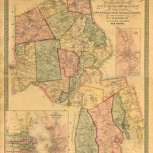 Map of Bristol County, Massachusetts, MA. 1852. Vintage restoration hardware home Deco Style old wall reproduction map print. image 1