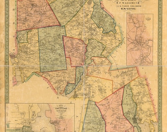 Map of Bristol County, Massachusetts, MA.  1852.  Vintage restoration hardware home Deco Style old wall reproduction map print.