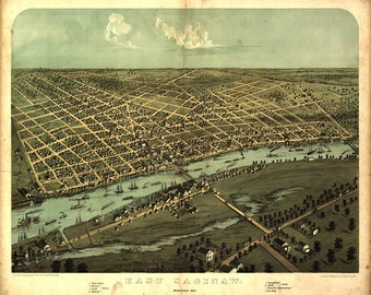 Map of East Saginaw, Michigan (M.I.)., 1867.  Vintage restoration hardware home Deco Style old wall reproduction map print.