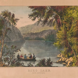 Lago Echo, Montañas Blancas, Nuevo Hampshire y Maine. Impresión de mapa antiguo de estilo art déco vintage.