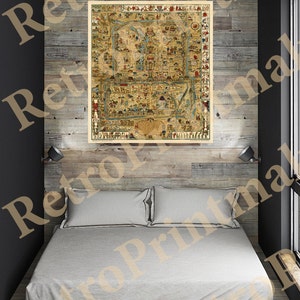 May include: A vintage map of a city with a detailed illustration of buildings, streets, and people. The map is printed on paper with a cream background and is framed in a wooden frame.