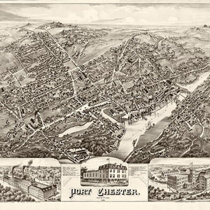 Mapa de Port Chester, Westchester, Nueva York, NY. Mapa de 1882. Impresión de mapa antiguo de pared, estilo art déco, restaurado y restaurado.