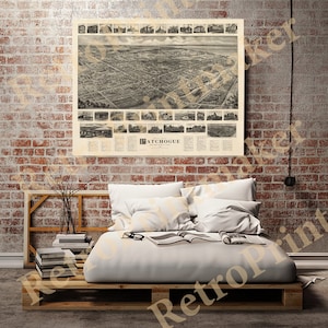 May include: A vintage black and white aerial map of Patchogue, New York, with a detailed view of the town and surrounding area. The map includes a key with various points of interest and a title that reads "Patchogue, New York, 1898."