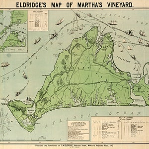 Puede incluir: Un mapa antiguo de Martha's Vineyard, Massachusetts, publicado en 1913 por G.W. Eldridge. El mapa muestra la costa de la isla, las ciudades y las carreteras. Tambi&eacute;n incluye una tabla de distancias entre varios puntos de la isla.