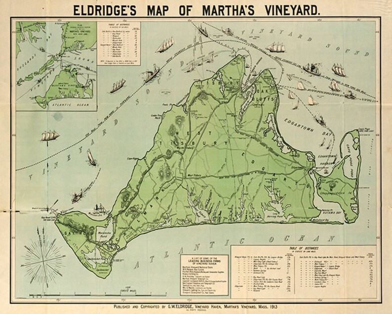 Puede incluir: Un mapa antiguo de Martha's Vineyard, Massachusetts, publicado en 1913 por G.W. Eldridge. El mapa muestra la costa de la isla, las ciudades y las carreteras. Tambi&eacute;n incluye una tabla de distancias entre varios puntos de la isla.