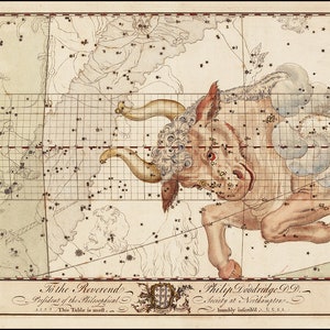 Grafiek van Stier. Zodiac sterren sterrenbeeld teken. Home Deco Stijl Oude Muur Vintage Reproductie.
