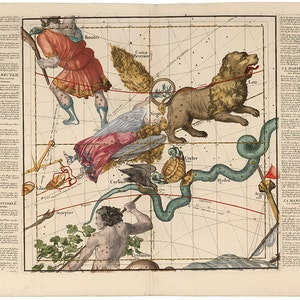 Cartographie des cieux en 1693, planche 4. Vierge, hydre et autres constellations.  Belle carte des étoiles et des constellations.