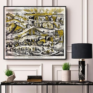 May include: A vintage black and white illustration of "The Pilgrim's Progress" with yellow accents. The illustration depicts a journey through a landscape with various figures and buildings. The text "THE PILGRIMS PROGRESS" is at the top of the image.