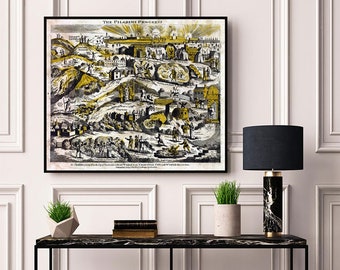May include: A vintage black and white illustration of "The Pilgrim's Progress" with yellow accents. The illustration depicts a journey through a landscape with various figures and buildings. The text "THE PILGRIMS PROGRESS" is at the top of the image.