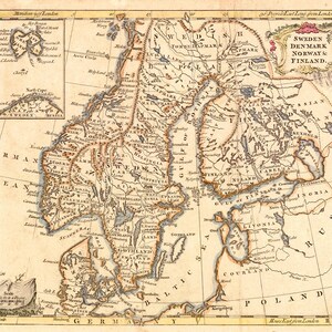 Map of Sweden, Denmark, Norway, and Finland.  1760.  Restoration Hardware Home Deco Style Old Wall Vintage Reprint.
