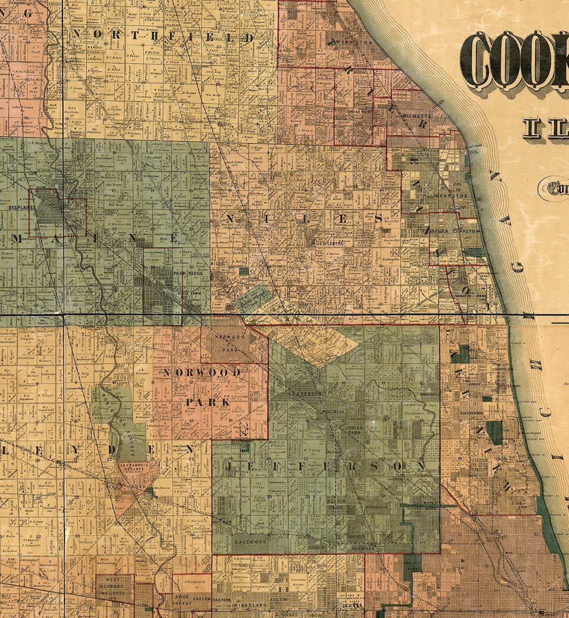 Map of Cook County Illinois. 1886. Vintage restoration Etsy