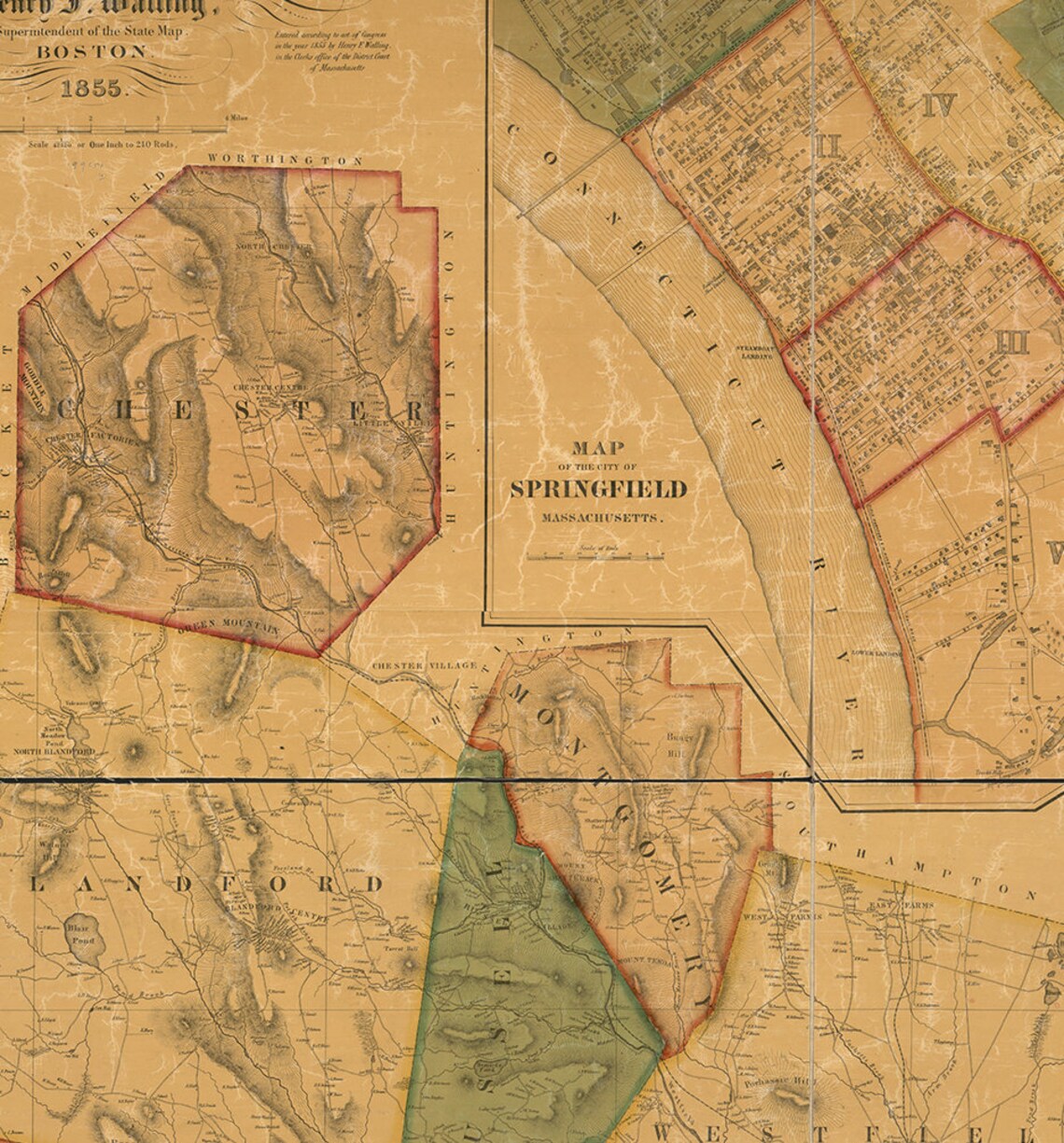 Map of Hampden County Massachusetts MA. 1855. Restoration Etsy