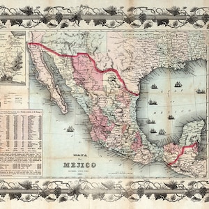Karte von Mexiko, Mapa de los Estados Unidos de Méjico, 1862. Vintage Restaurierung Hardware Haus-Deco-Stil alte Wand Reproduktion Karte