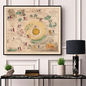 May include: A vintage illustration depicting a circular map of the "City of Destruction" with a path leading to the "Celestial City." The map is surrounded by text and images of people and places.