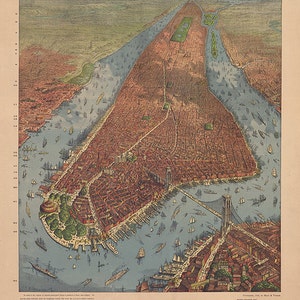 Puerto de Nueva York: vista aérea Vista aérea de Manhattan, ciudad de Nueva York, incluida la Iglesia de la Trinidad, etc. 1879. NY0060 Póster de arte vintage con mapa
